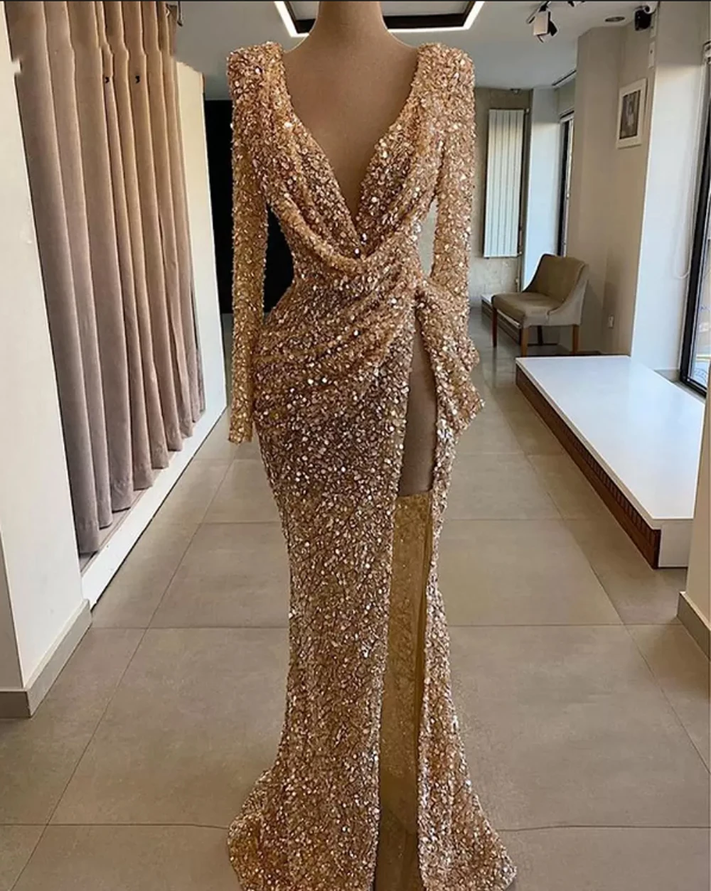 Shiny Sequined Luxury Mermaid Evening Dresses For Women 2023 Dubai Arabia Sexy V Neck High Split Party Prom Gown Formal Vestidos