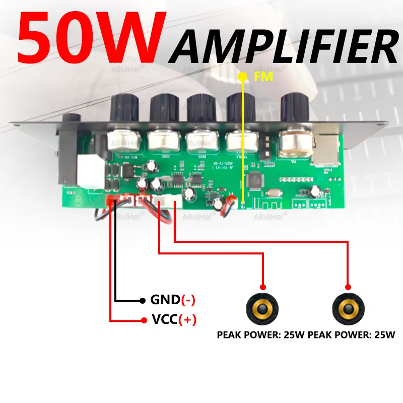 50W Stereo Amplifier Board w/ Display, Metal Case,  2.*25W 7.4-12V Input, Power Cable, Bluetooth5.0/USB/AUX