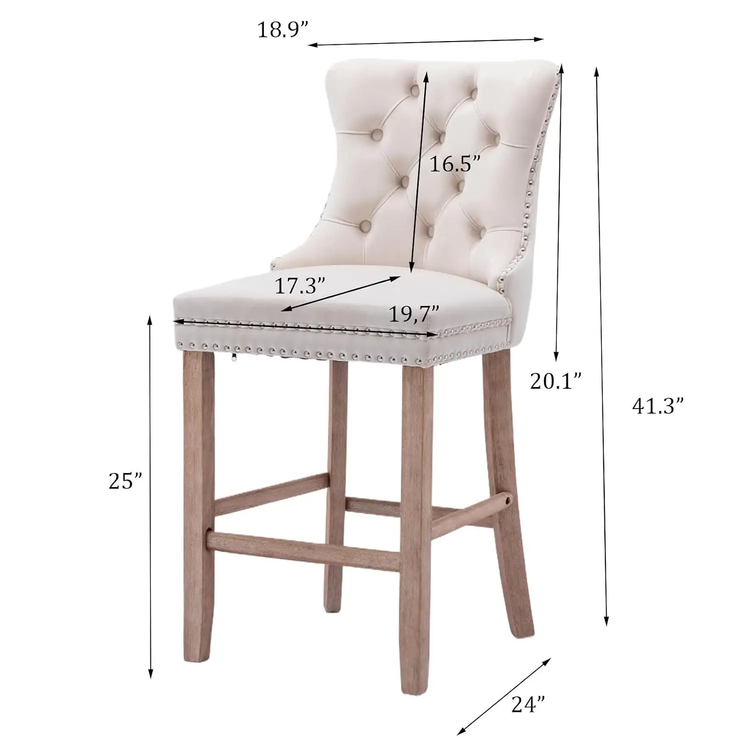 Velvet Bar Stools Set of 2 with Wood Legs, Button Tufted Chrome Nailhead Counter Height Armless Seat, Customized
