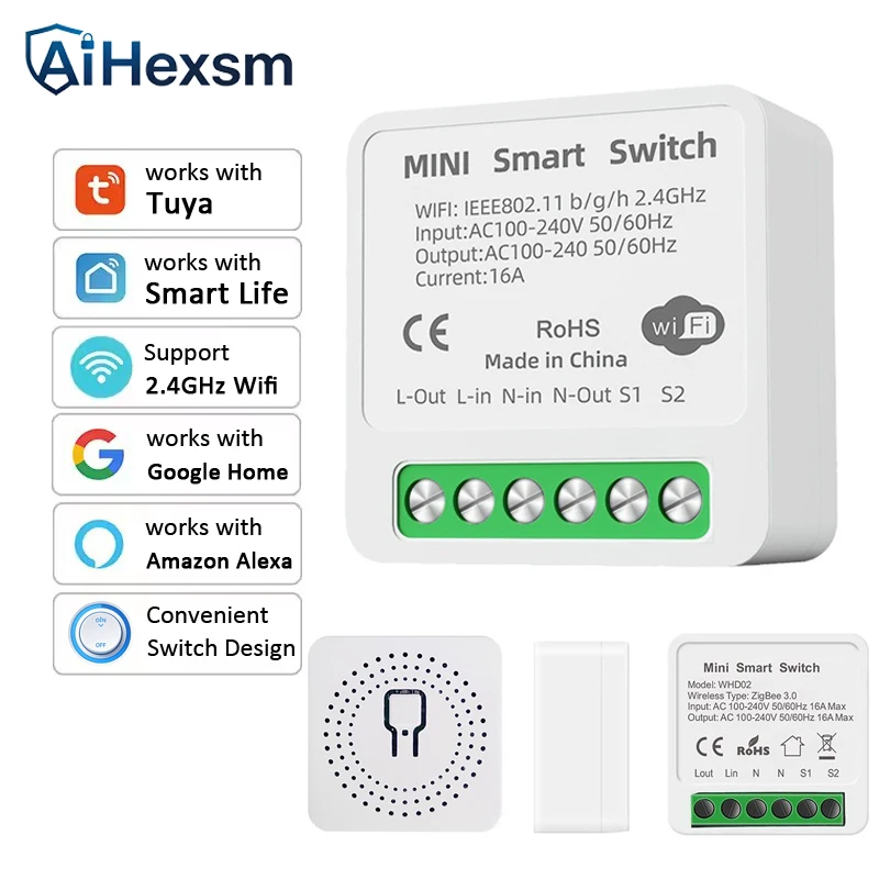 DIY Mini Tuya 16A WiFi Switch Smart Life App 2 Way Control Smart Home Automation Module Interruptor Work for Alexa Google Home