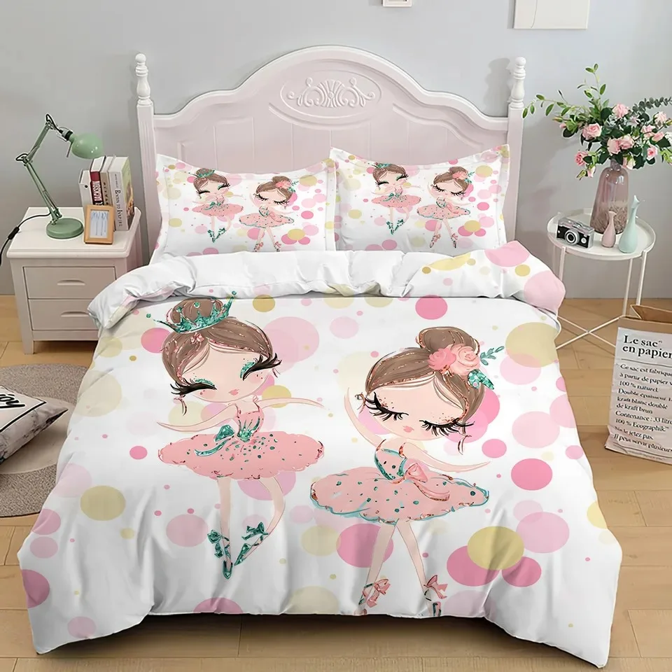 Cute Cartoon Ballet Dancing Girl Duvet Cover Set Princess Style Twin Double Queen Size Bedding Set Ballerina Comforter Cover