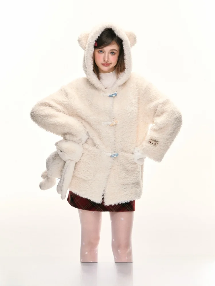 

ELEVEN SP Autumn Winter Women's Fur Coat Hooded Plu Warm Large Coat Button Closure Inteated Leather And Fur Outerwear