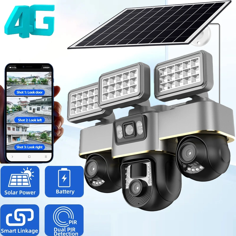 

Солнечная камера 4G с SIM-картой, уличная 3-объективная PTZ 3-экранная камера с 10-кратным зумом, уличный фонарь HD, ночное видение, CCTV, защита безопасности