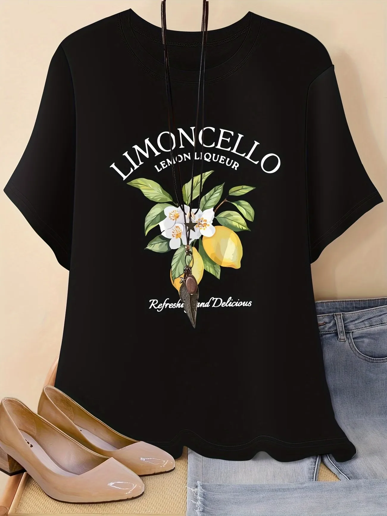 Grafisches Limoncello Lemon T-Shirt aus 100 % Baumwolle für Damen, Retro-Druck, weicher Rundhalsausschnitt, kurzärmeliges Oberteil, Vintage-Shirt, Y2k-Kleidung