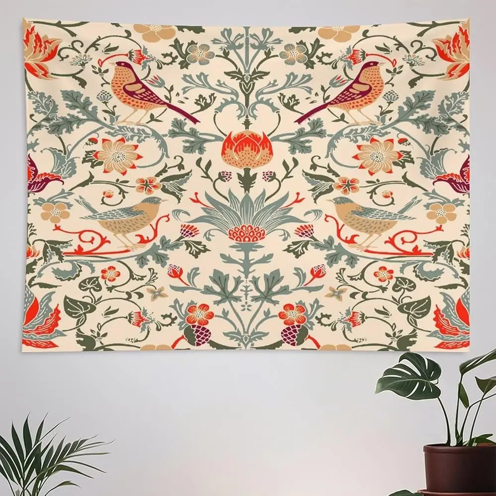 

Винтажный настенный гобелен с растительным орнаментом в стиле Уильяма Морриса, ретро-дизайн с птицами, цветами и природными мотивами, декор для дома и гостиной