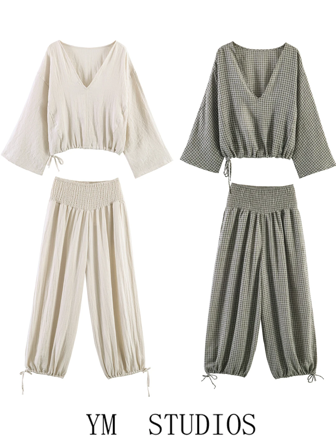 Loose Fit V-Neck Plaid Short Top And Wide Leg Pants Set Women's Casual Elastic Waist Ensemble Summer Season Polyester Fiber