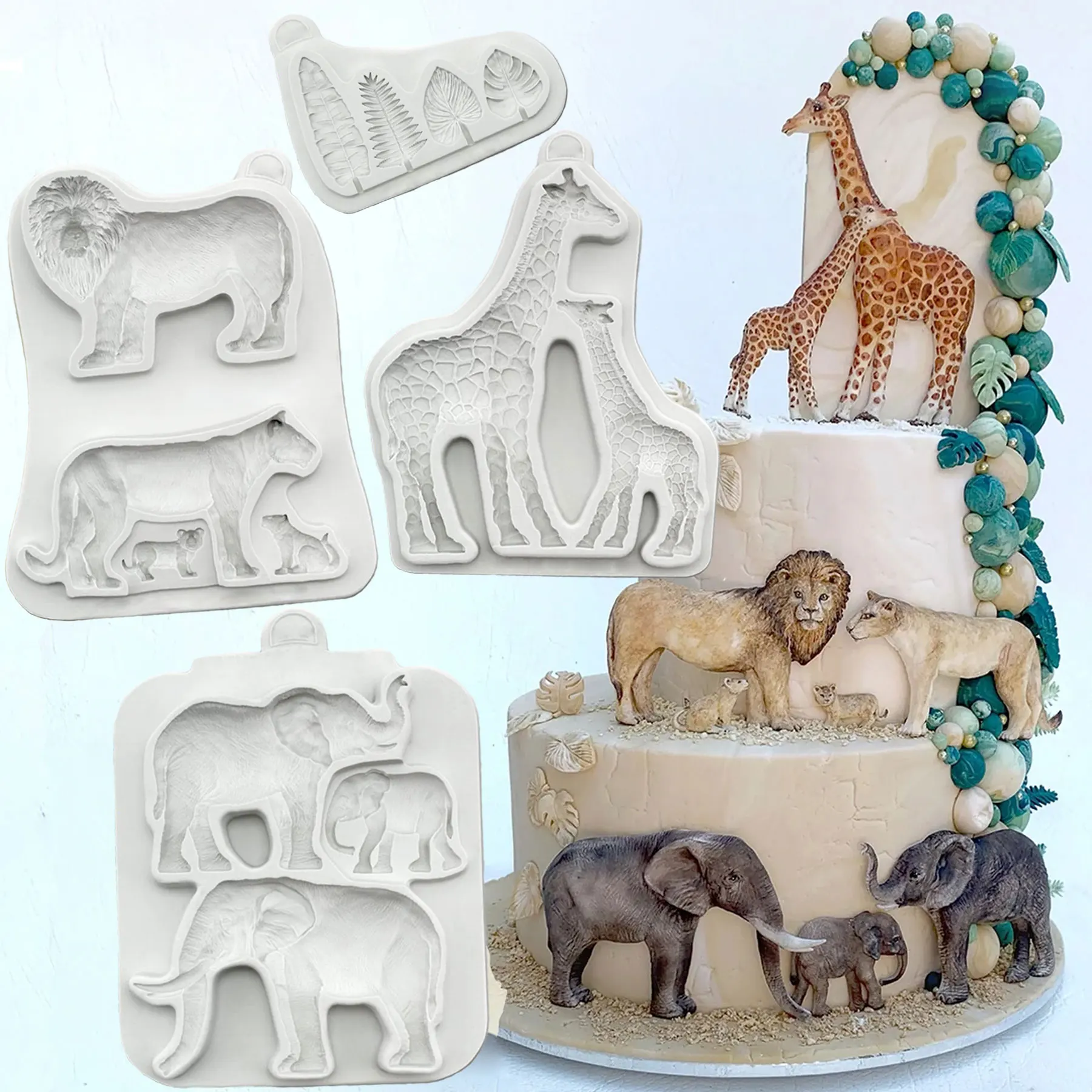 Animal Lion ，Elephant  And Giraffe Family  Jungle Leaves Fondant Cake Decorating Silicone Mould Sugarcraft Chocolate Baking Tool