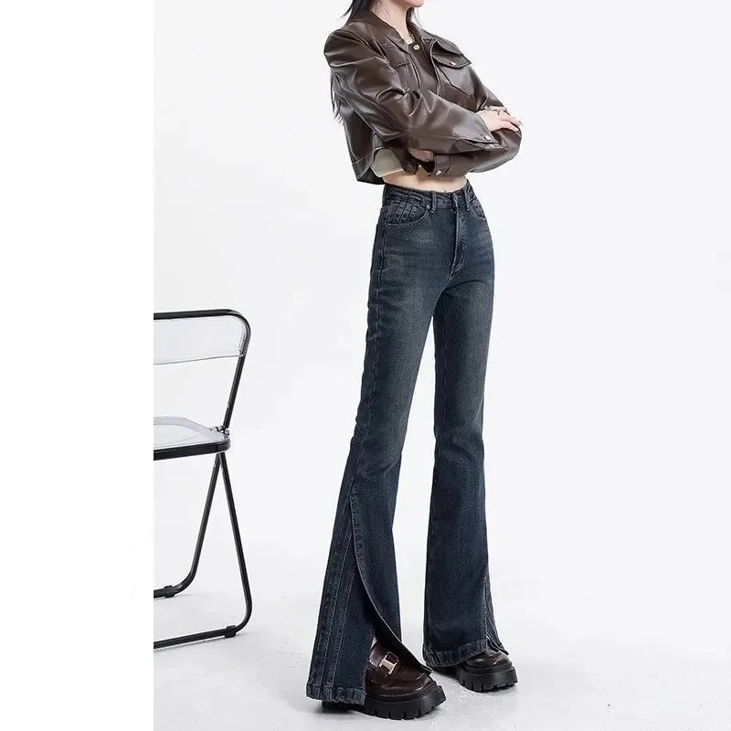 

Design sense Split Flared Jeans for Women in Spring Autumn thin Style 2025 New Retro High Waisted Elastic Flared Horseshoe Pants