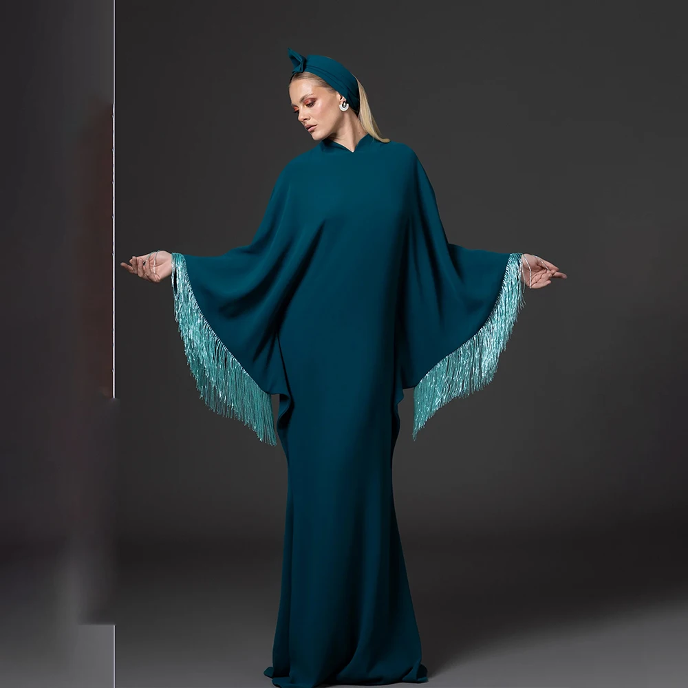 Modern Style Evening Gowns High Collar Jersey  A-line Floor Length Prom Dresses with Tassel Long Sleeve Party Dress Customzied