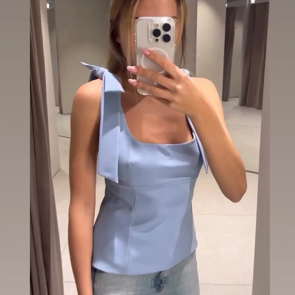 レディース リボン飾り エラスティックトップ 無地飾り 春夏新作 カジュアル婦人服