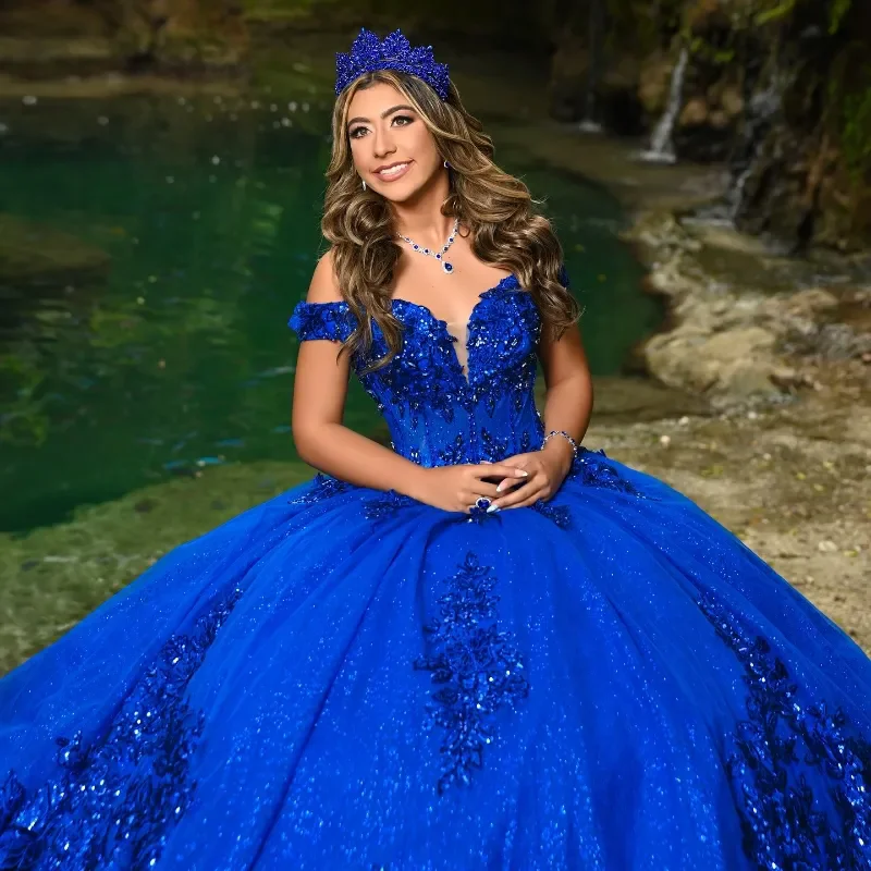 فستان Quinceanera فاخر باللون الأزرق الملكي مزين بالدانتيل اللامع فيستدوس دي 15 أنوس عاري الكتفين لحفلات أعياد الميلاد فستان الأميرة #4