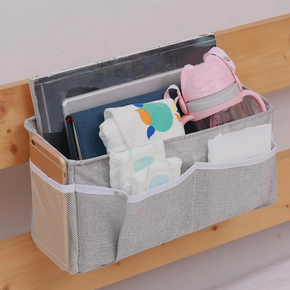 Cotton Linen Bedside Storage Hanging Bag Desk Sundries Storage Basket Car Organizer Multi Pockets Bunk Beds Side Pouch