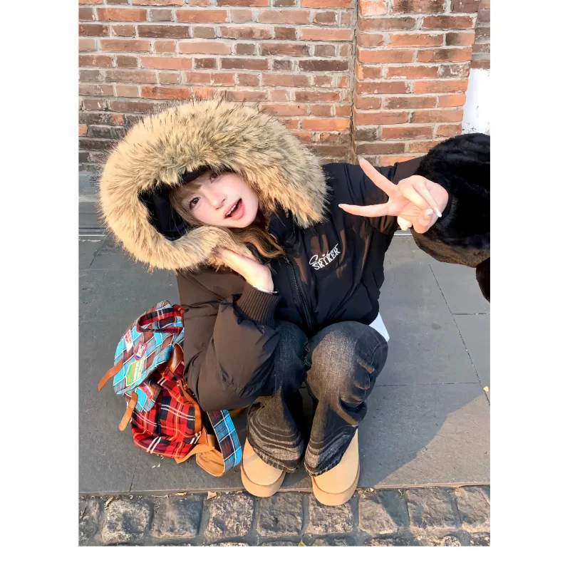 

Girl's Big Fur Collar Bread Cotton-Padded Jacket Thicken Winter Women's Student Waist-Cinching Hooded Slimming Puffer Jacket Top