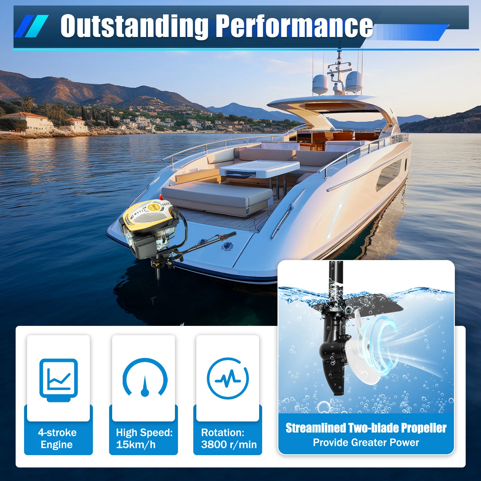 4-Stroke Outboard Motor 225cc, 4300W Gasoline Engine with TCI Ignition & Air Cooling System for Inflatable Boat Fishing