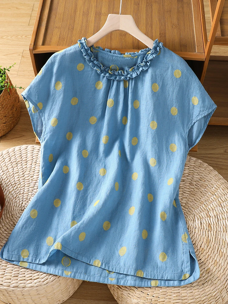 

Artistic Sweet Blue Polka Dot Cotton Linen Short Sleeve Women's Summer Shirt Age Reduction Slimming Lace round Neck Overhead Top