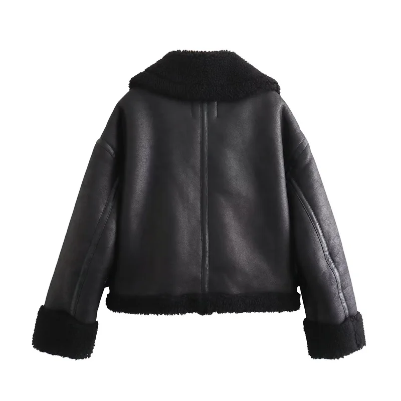 Keyanketian-Casaco acolchoado de pele dupla para mulheres, casaco de inverno, couro artificial, corte de cinto, grosso quente, Zip-Up Crop Top, novo