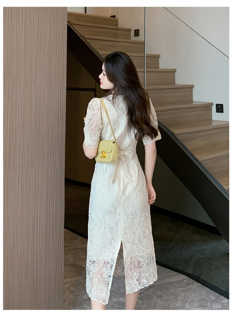 French Lace Midi Dresses for Women 2023 Summer New Elegant Party Female Clothes Sweet Vintage Short Sleeves Korean Evening Dress