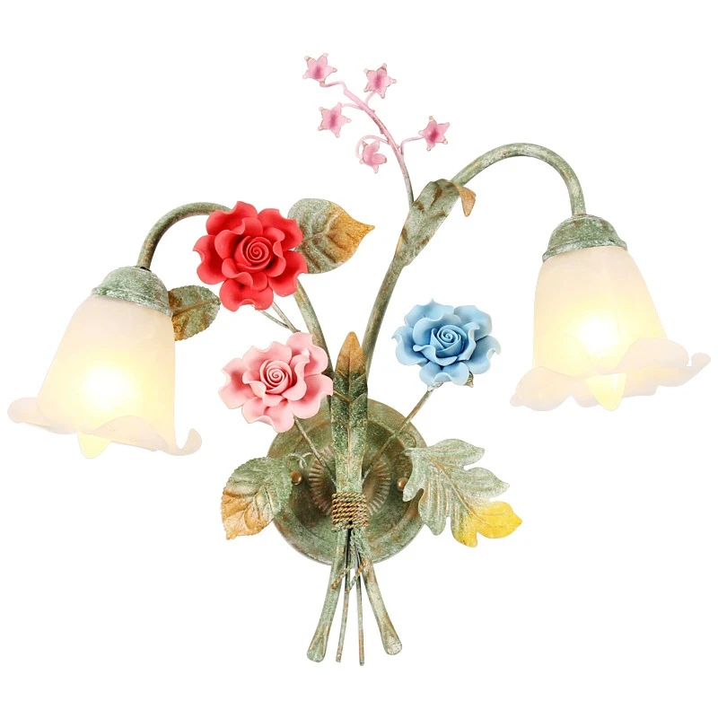 Dual Head LED Aisle Wall Light Fixtures Classical Pastoral Wall Lamp Nordic Bedside Flower And Grass Lamp Wrought Iron Lighting