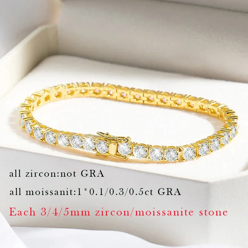 Smyoue 18k Gold Plated Moissanite Tennis Bracelet for Women 3/4/5mm Classic S925 Sterling Silver Certified Bracelet for Men GRA