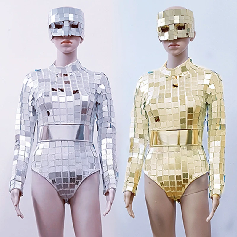 Futuristic Stage Costume Gold Long Sleeve Bodysuit Drag Queen Costumes Silver Mirror Rave Outfit Gogo Show Dance Clothes VDL4640