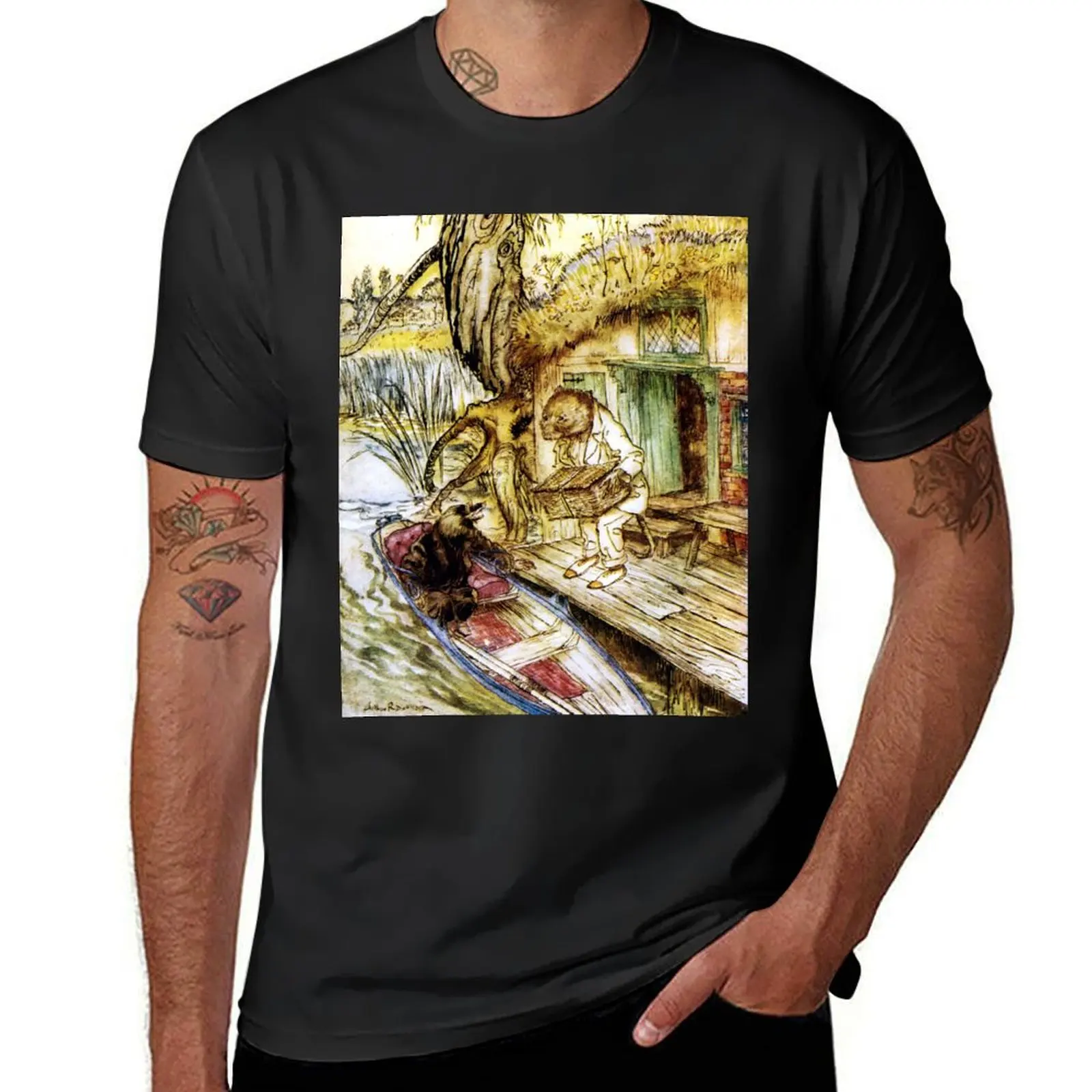 Ratty and Mole on the Riverbank - Wind in the Willows, Arthur Rackham T-Shirt blacks summer top blanks men workout shirt