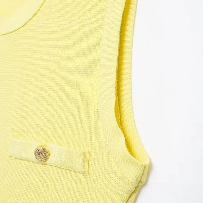 TRAF-vestidos curtos sem mangas de malha para mulheres, mini vestido plissado amarelo, gola redonda, tanque elegante, verão