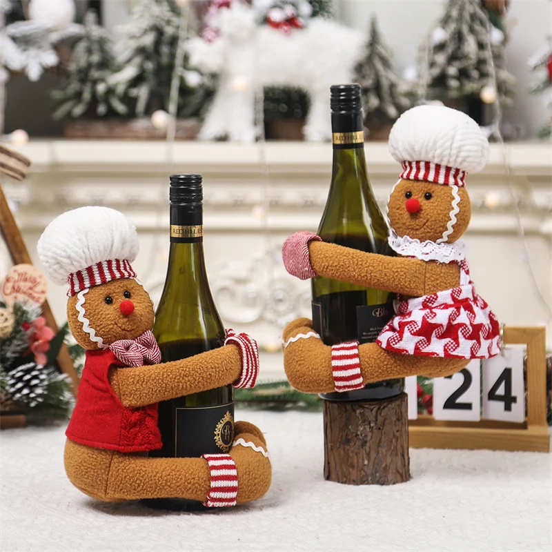 2025 Christmas Decorative Articles Cartoon Couples Gingerbread Man Doll Wine Bottle Holding Bottle Cover Wine Bottle Decoration