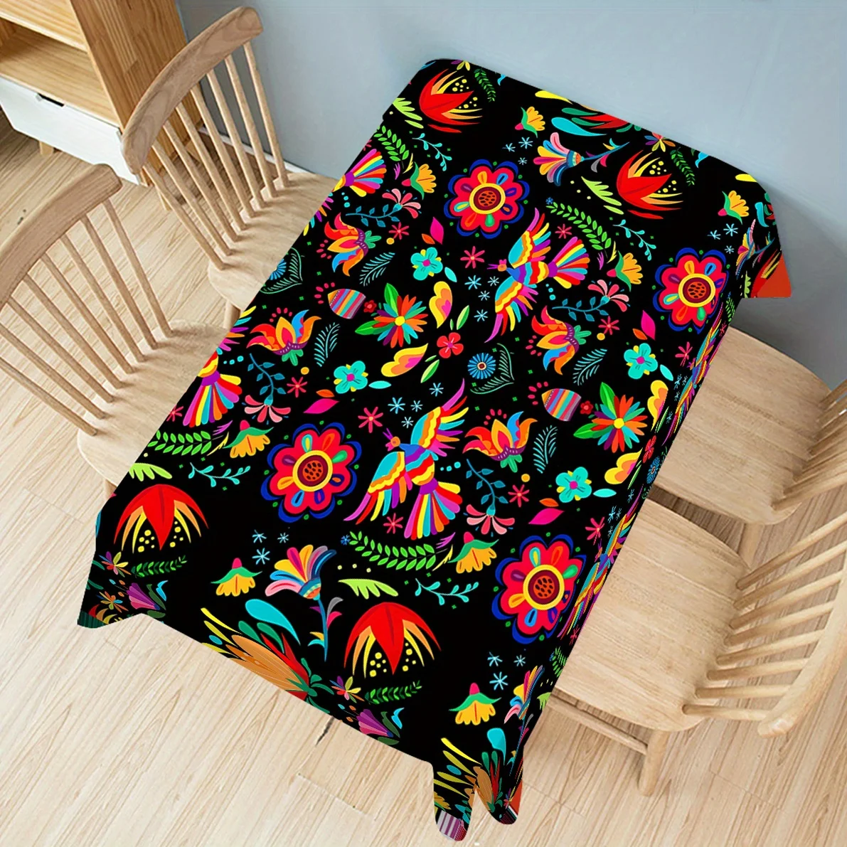 Mexican Day of The Dead Flowers Birds Waterproof Tablecloth Table Decor Farmhouse Kitchen Dining Table Cloth Holiday Party Decor