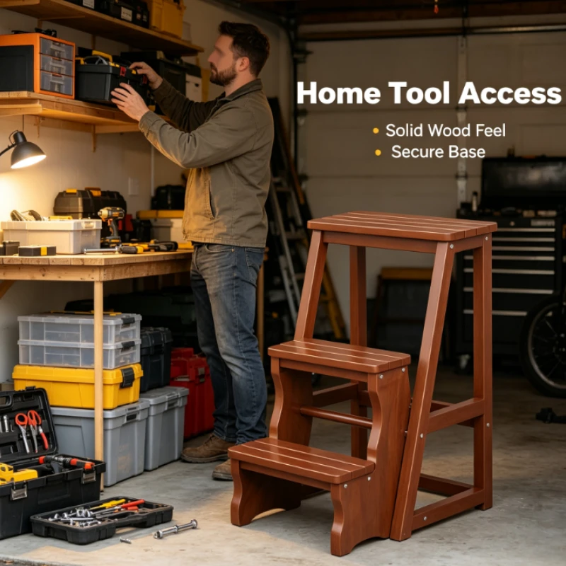 Foldable Wooden Ladder Stool With Dark Brown Finish For Indoor High Cabinet Access And Multi Purpose Storage