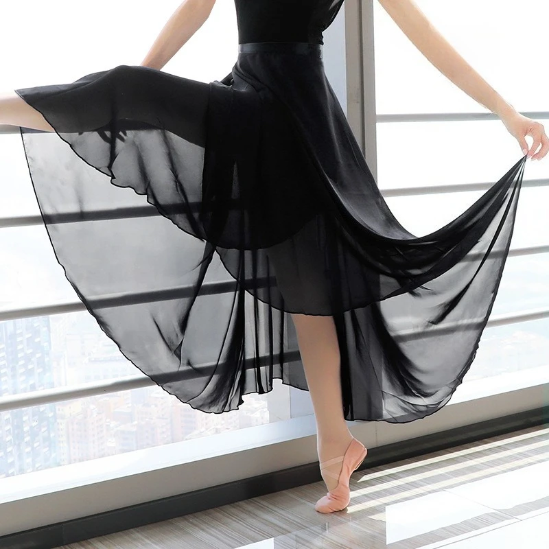 

Fashion Chiffon Long Wrap Adjustable Ballet Skirt Flowy Tie Waist One Piece Half Skirt For Studio Class Rehearsal Stage Training