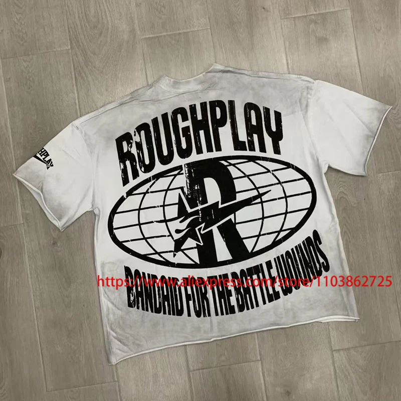 Roguh Play T-Shirt Washed Do Old White Statue Perforated Shiny Diamond-studded Casual Loose ROUGH PLAY Short-sleeved Tops Tee