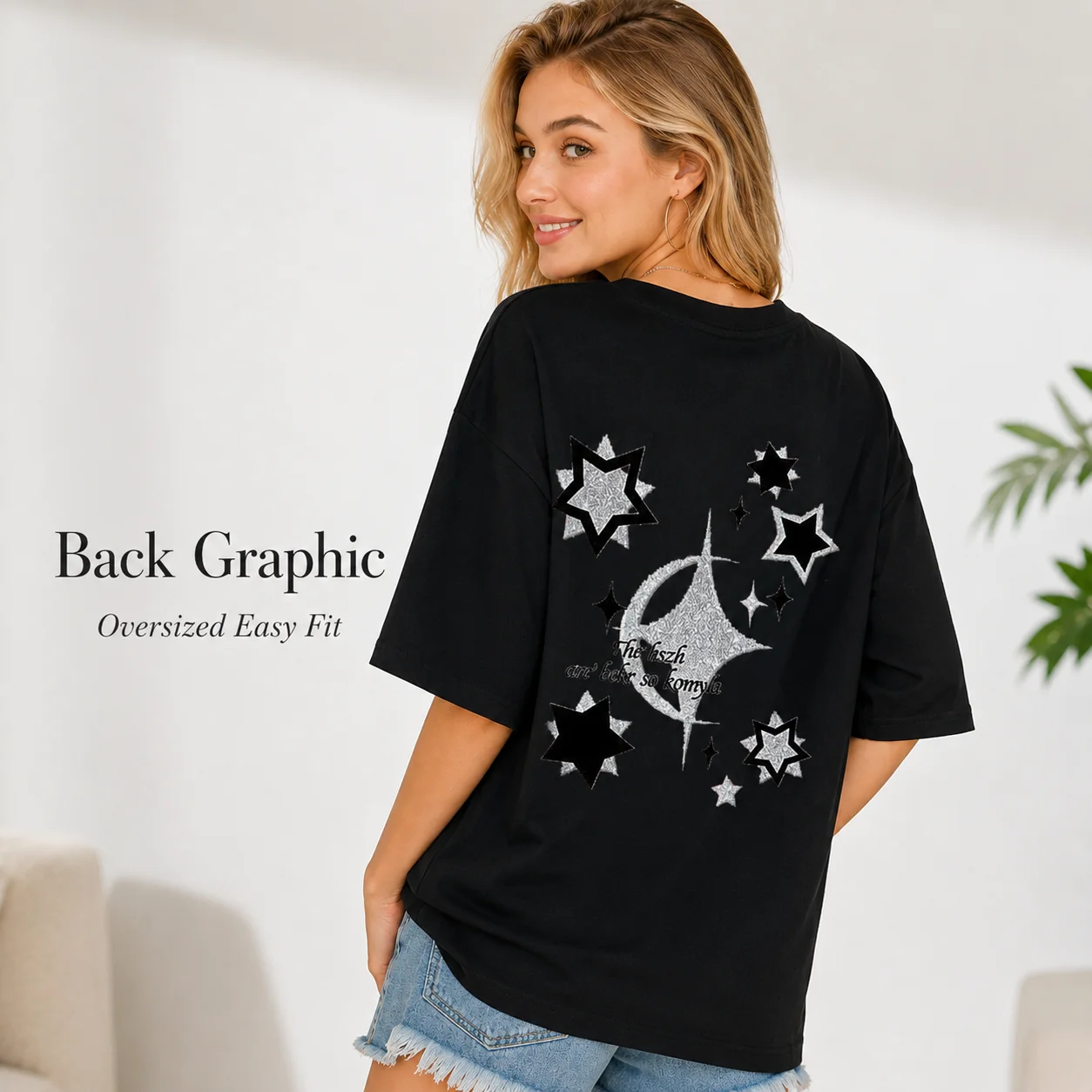 Women Oversized Star Graphic T Shirt Loose Half Sleeve Crew Neck Back Print Casual Summer Tee Top
