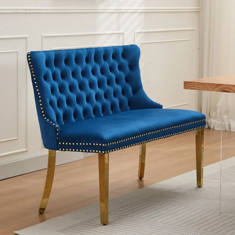 

Blue Gold Upholstered Dining Bench with Backrest for Small Spaces and Entryway Seating