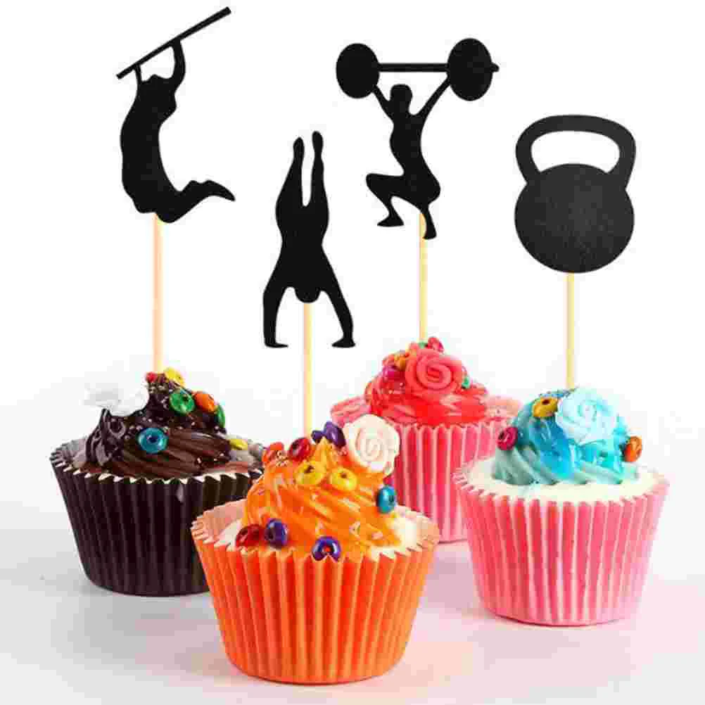 48 Pcs Men Birthday Cupcake Toppers Decor Adornment Dessert Table Weight Lifting Black Wooden Gym Theme