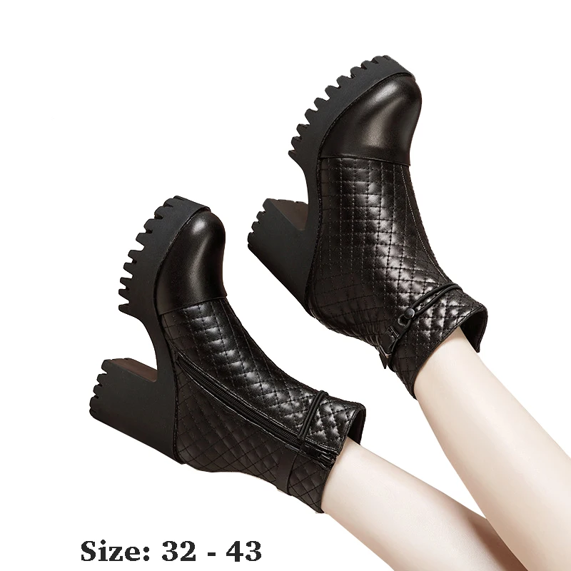 

Высококачественные женские ботинки из воловьей кожи до середины икры на платформе 10 см на высоком каблуке 2025 осень-зима 32 33 43 элегантная обувь - черный