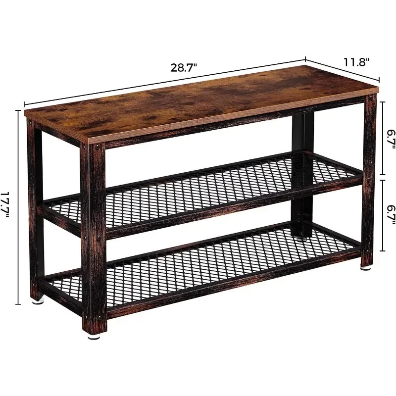 Shoe Bench 3-Tier Shoe Rack 28.7” Storage Entry Bench with Mesh Shelves Wood Seat Rustic Foyer Bench