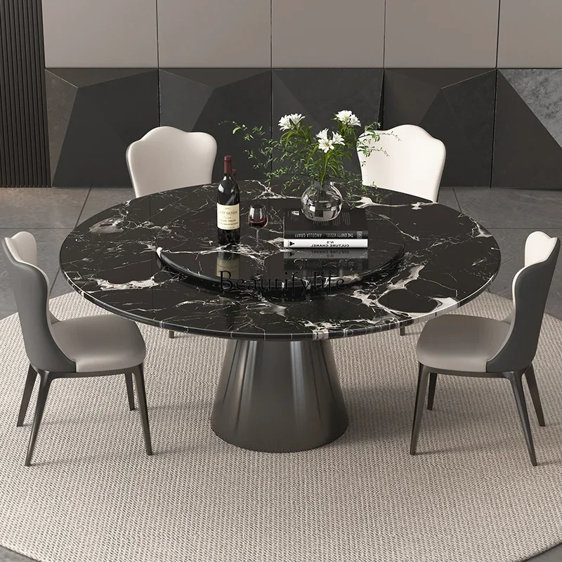 Imported black rose natural luxury stone round dining table Italian light luxury marble round table