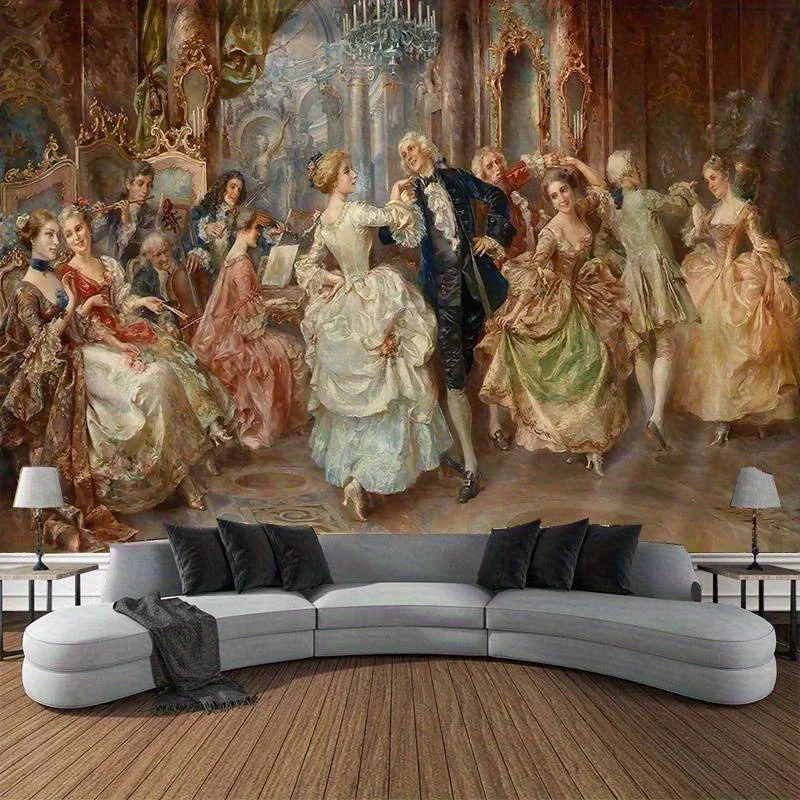 VIKAMA Rococo Palace Ball Tapestry Vintage Oil Painting Wall Carpet 18th Century French Court Ball Oil Painting Room Decoration