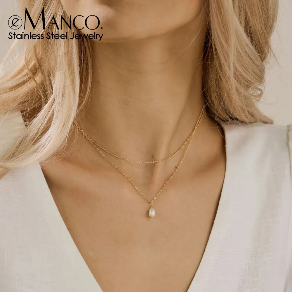 

eManco Minimalist Freshwater Pearl Necklace Women Girls 14K Gold Plated Stainless Steel Double Layer Necklace Wedding Jewelry