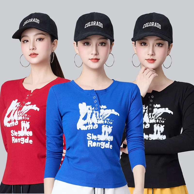 2026年ニュースクエアダンスレディース長袖プリントスリムフィットスポーツtシャツフィットネスパフォーマンスコスチューム通気性吸湿性コットンポリエステル