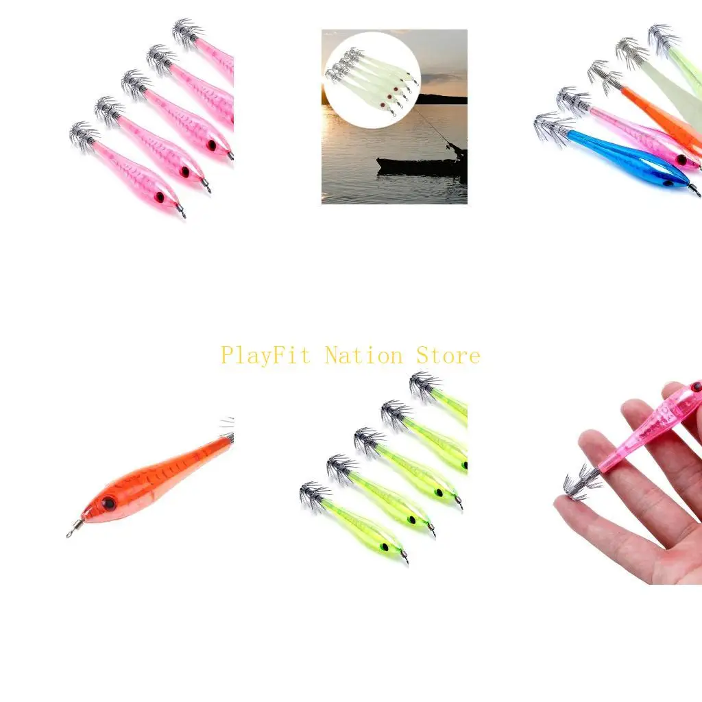 

242F 5Pcs Glow In Dark Luminous Squid Cuttlefish Fishing Lures Tackle Jig Bait Hooks