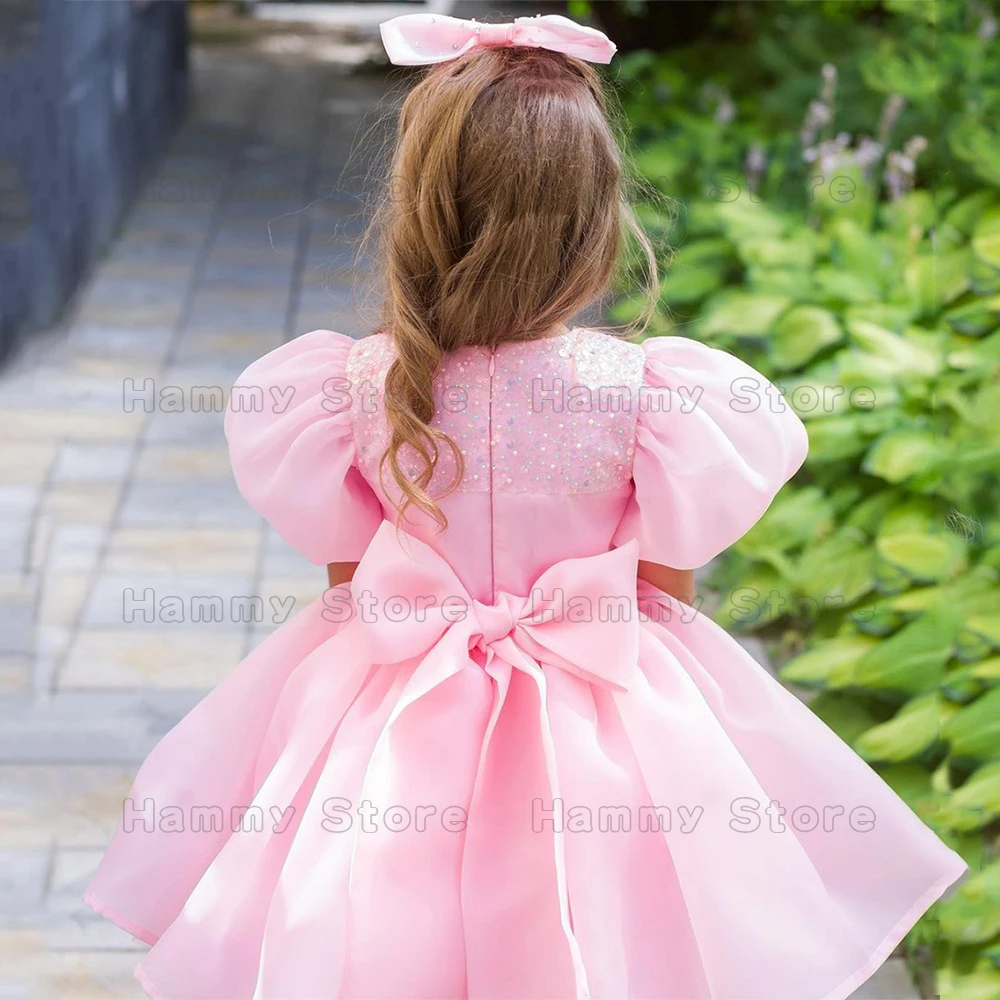 Bonito vestido rosa de flores para niña, vestido de princesa de manga corta con lentejuelas y cuello redondo, vestido de fiesta de cumpleaños personalizado, vestidos de primera comunión