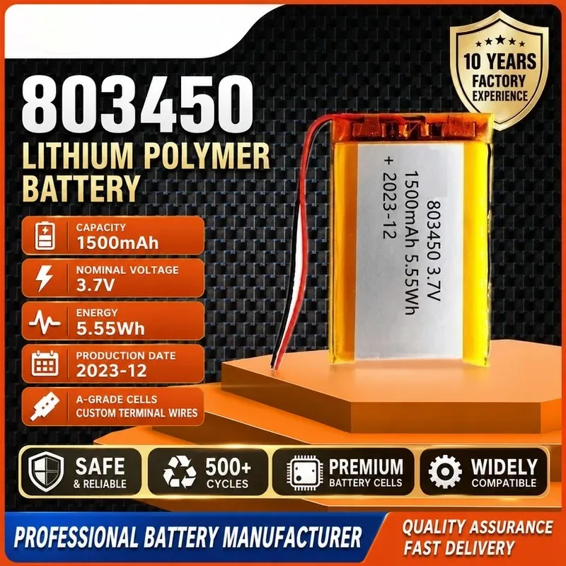100pcs 803450 Polymer lithium battery 1500mAh3.7V driving recorder, beauty instrument, massager, rechargeable toy