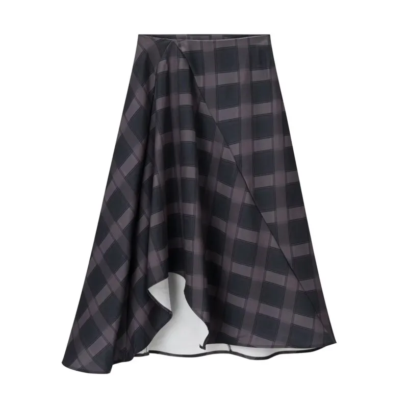 

Women's Check Skirt New 2026 Spring Summer Mid Waist Side Zip Women Skirts Wide Asymmetric Hem Female Elegant Chic Skirts