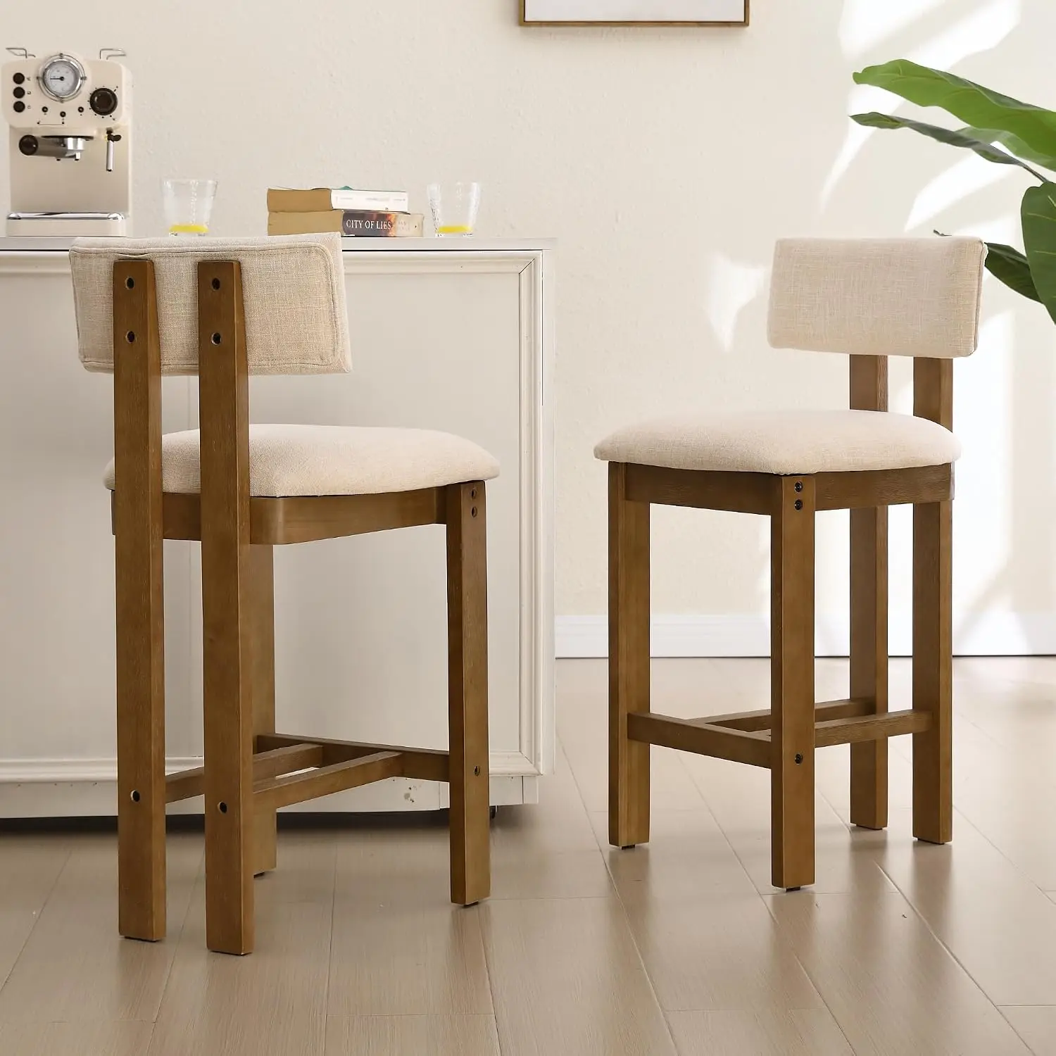 Farmhouse Bar Stools Set of 4 Modern 26" Counter Height with Padded Back Upholstered Wood Legs Beige, Customized