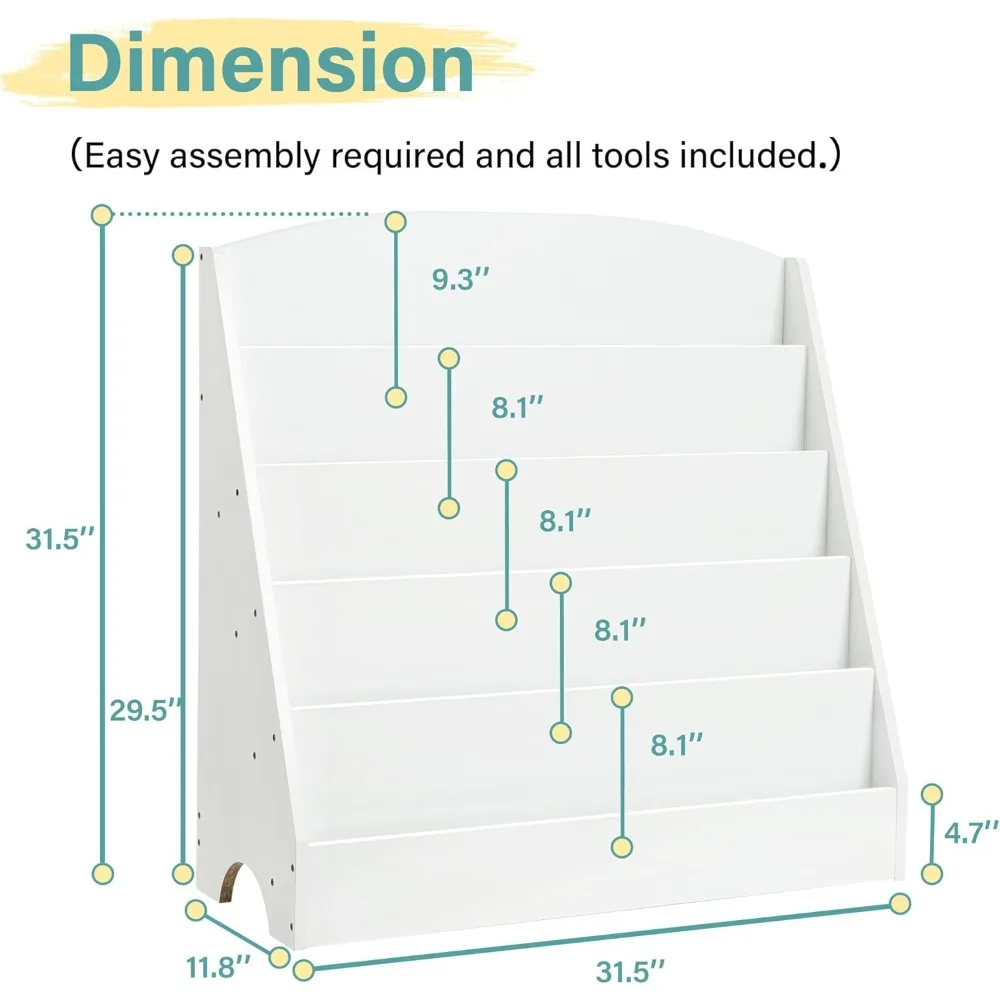 Kids Bookshelf Toddler Bookshelf for Rooms White Book Display Shelve for Classroom, Kids Bedroom, Nursery-5-Tier
