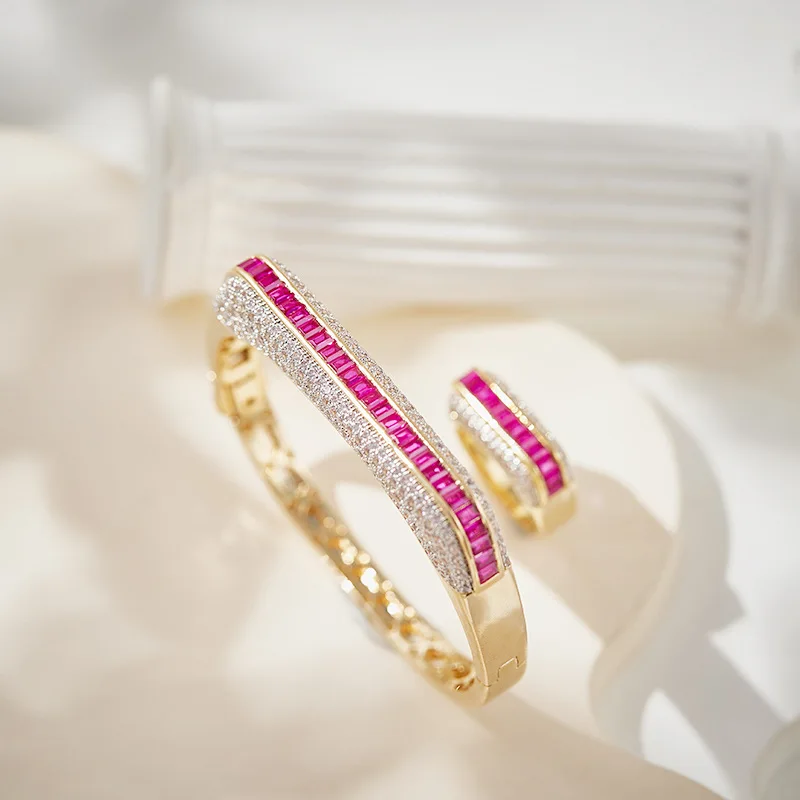 Designer Collection Ring Bracelet Women Lady Row Inlay Square Cubic Zircon Plated Gold Color Dinner Party Bangle Jewelry Sets