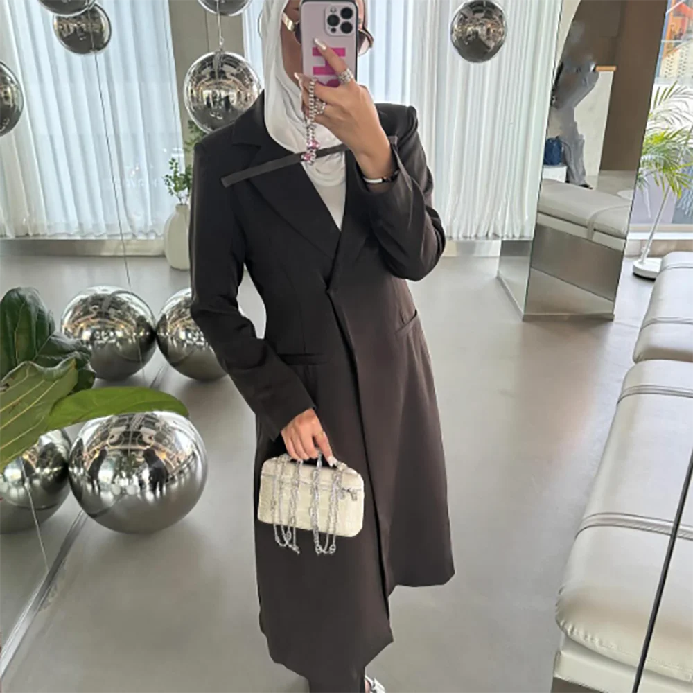 Fashion Brown Women Long Jacket Female Daily Hidden Breasted Coat Formal Female Saudi Arabia Dress müslüman elbiseler