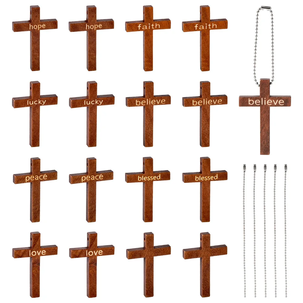 80Pcs Wooden Cross Charms Inspirational Word Solid Wood Cross Pendants for DIY Necklace Keychain Prayer Jewelry Craft Making