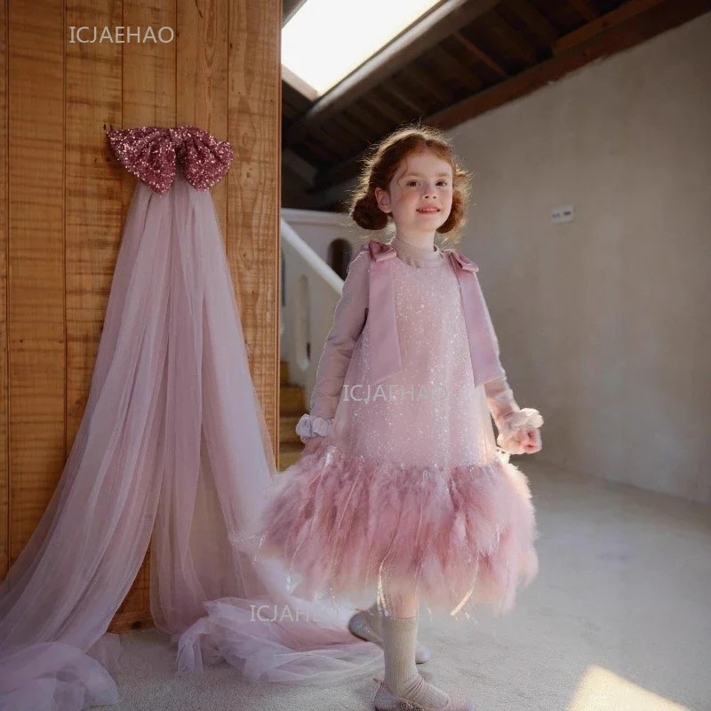 Pink Girls Princess Dress with Feathers  Birthday Party Pageant Formal Dresses for Kids Autumn Sequin Sleeveless Gown Children